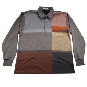 Golf Club Men's Vintage Preppy Long Sleeve Color Block Brown Polo Shirt